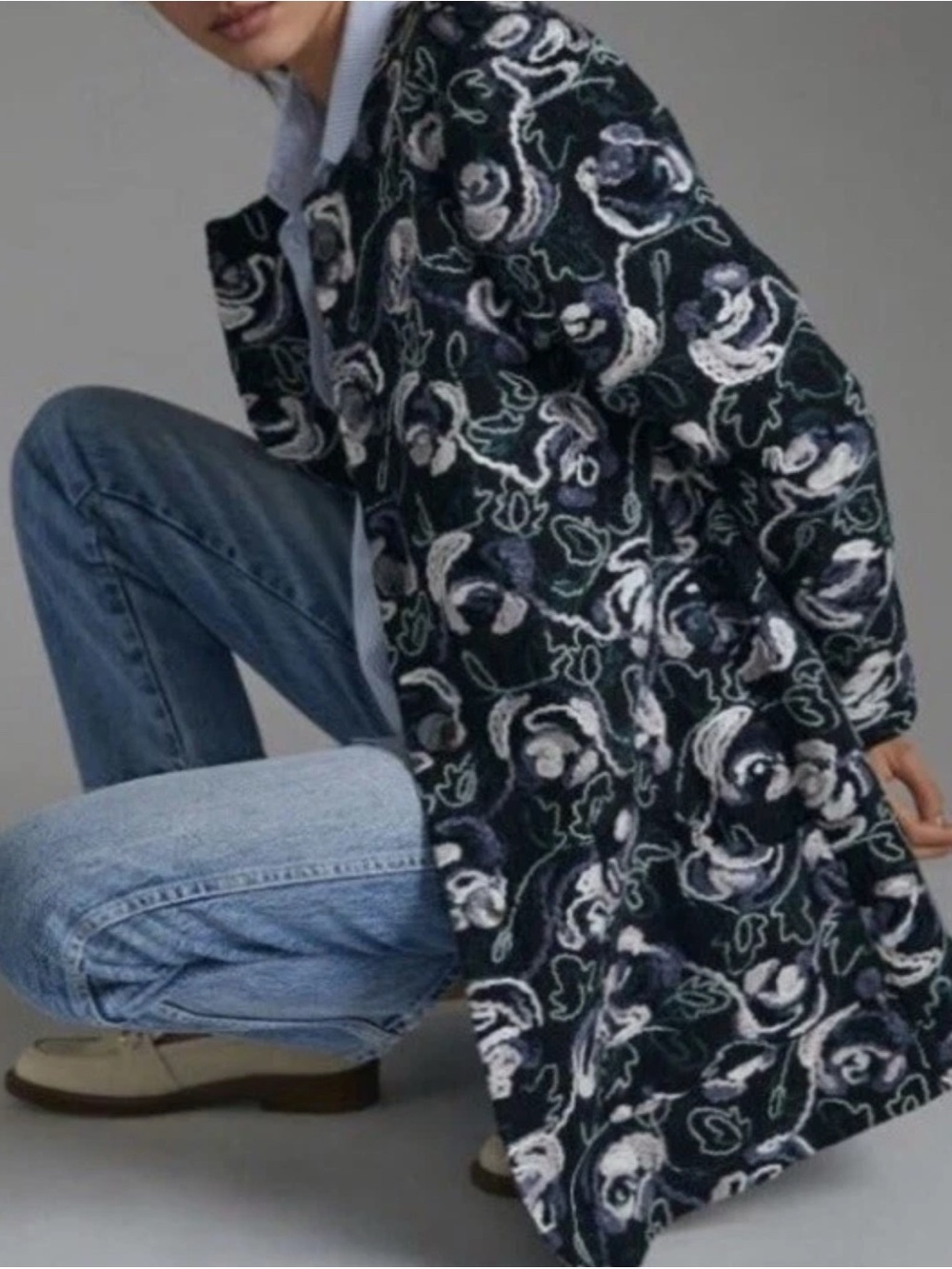 Anthropologie Black Floral Jacquard Coat with White and Green Accents